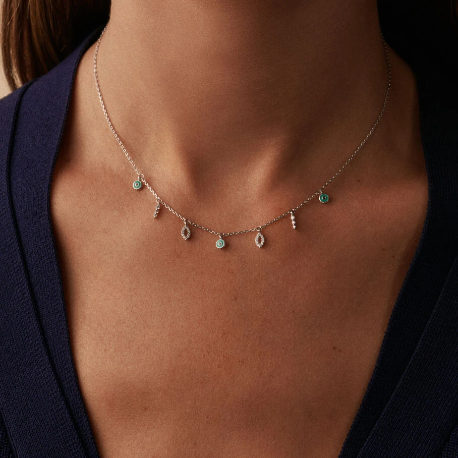 Collier Ras Du Cou LUCKY EYE - Turquoise / Argenté 5 Collier Ras Du Cou LUCKY EYE - Turquoise / Argenté – Image 3